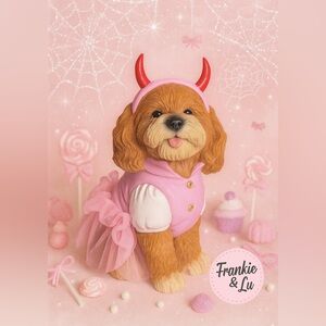 Pink Halloween Devil Dog Figurine Cocker Spaniel Tutu Costume 10.5” NWT